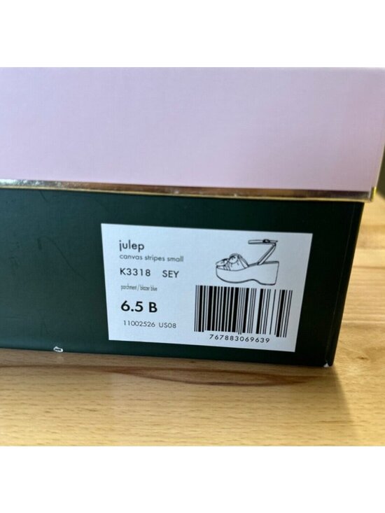 Kate Spade Julep Double Bow Platform Wedge Sandals sz 6.5 Navy Stripe Cork Ankle - Picture 11 of 11